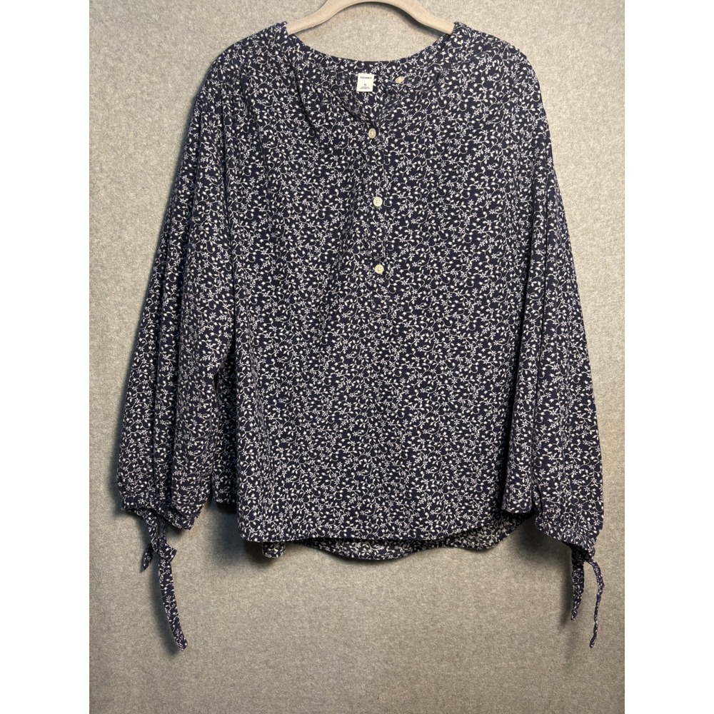 Old‎ Navy Floral Peasant Blouse Navy Blue Tie Sleeve Boho Cottagecore XL